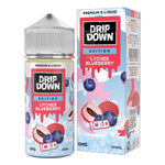 Load image into Gallery viewer, Drip Down Lychee Blueberry e-liquid bottle and packaging on a white background
