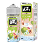Drip Down Apple Peach e-liquid bottle and packaging on a white background
