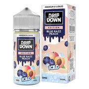 Drip Down Blue Razz Peach e-liquid bottle and packaging on a white background