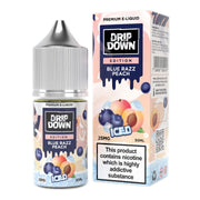 Drip Down Blue Razz Peach e-liquid bottle and packaging on a white background