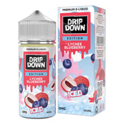 Drip Down Lychee Blueberry e-liquid bottle and packaging on a white background