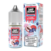 Drip Down Lychee Blueberry e-liquid bottle and packaging on a white background
