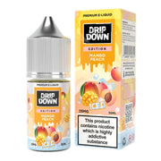 Drip Down Mango Peach e-liquid bottle and packaging on a white background