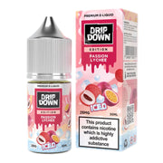 Drip Down Passion Lychee e-liquid bottle and packaging on a white background