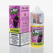 Crazy Fruits Tokyo Mulberries vape juice packaging and bottle on a white background