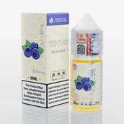 Tobacco and blueberry flavored e-liquid bottle with packaging on a white background