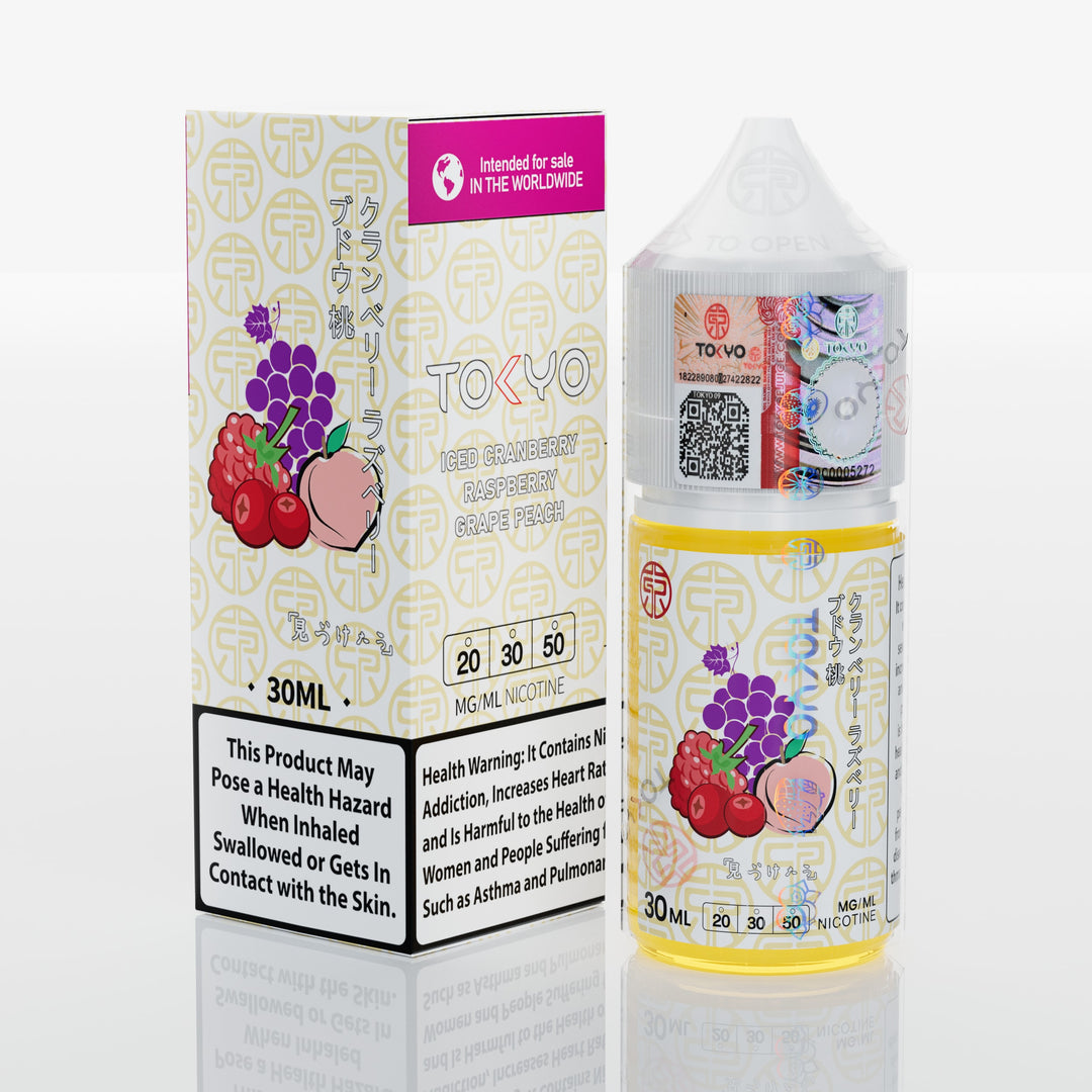 Vape juice bottle and packaging with 'Tokyo' branding on a white background