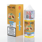 TOKYO Super Cool Apricot vape juice bottle and packaging on a white background
