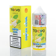 TOKYO Super Cool Banana vape juice packaging with yellow box and bottle on a white background