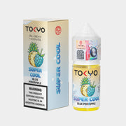 Tokyo Super Cool Blue Pineapple vape juice packaging on a white background