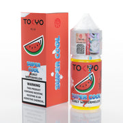 Tokyo Super Cool Burst Watermelon vape juice bottle and packaging on a white background