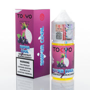 Tokyo Super Cool Dragonfruit Blackcurrant vape juice packaging on a white background