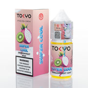 TOKYO Super Cool Dragonfruit Kiwi vape juice packaging and bottle on a white background