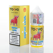 Tokyo Super Cool energy drink bottle and packaging on a white background