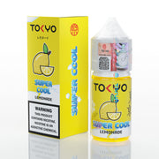 Tokyo Super Cool Lemonade vape juice packaging with yellow box and bottle on a white background