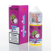Tokyo Super Cool Mangosteen vape juice bottle and packaging on a white background
