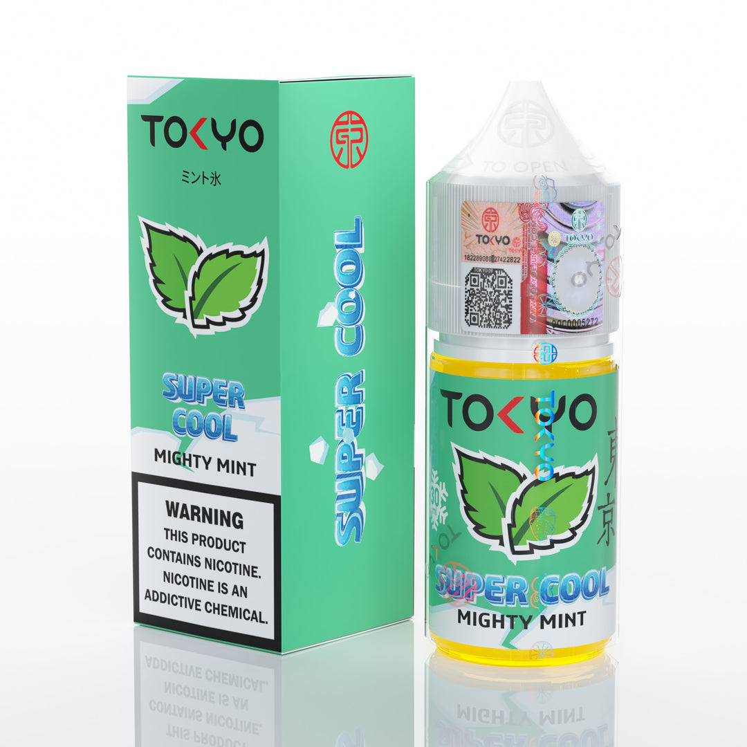 Tokyo Super Cool Mighty Mint vape juice bottle and packaging on a white background