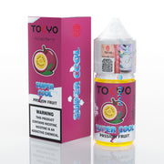 Tokyo Super Cool Passion Fruit vape juice packaging and bottle on a white background