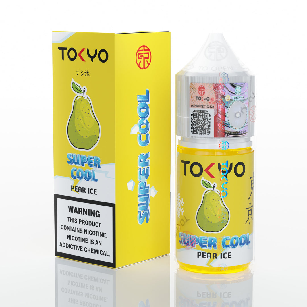 TOKYO Super Cool Pear Ice vape juice packaging on a white background