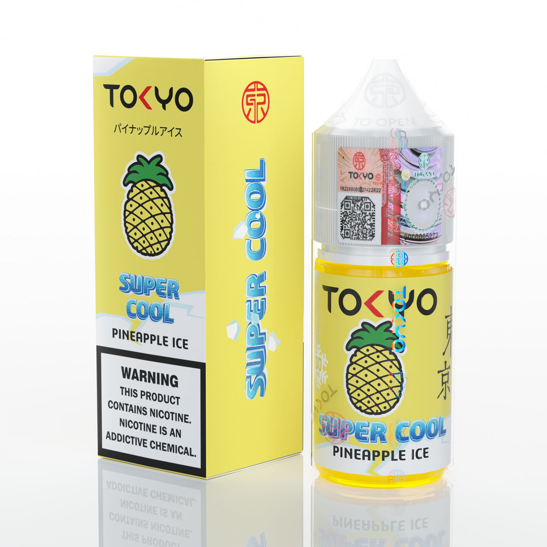 TOKYO Super Cool Pineapple Ice vape juice packaging on a white background