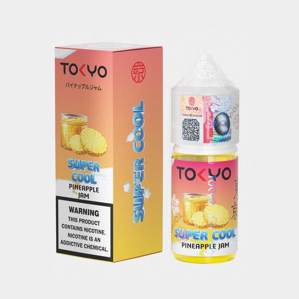 TOKYO Super Cool Pineapple Jam vape juice bottle and packaging on a white background