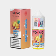 Tokyo Super Cool Pineapple Lychee vape juice bottle and packaging on a white background
