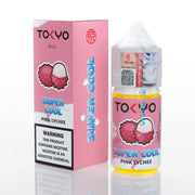 Tokyo Super Cool Pink Lychee vape juice packaging on a white background