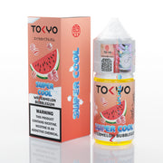 TOKYO Super Cool Watermelon Bubblegum vape juice packaging and bottle on a white background