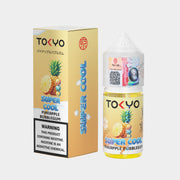 TOKYO Super Cool Pineapple Bubblegum vape juice bottle and packaging on a white background