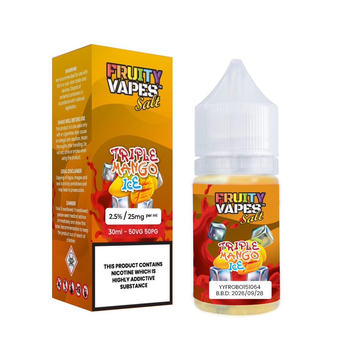 Fruity Vapes Triple Mango Ice vape juice packaging on a white background