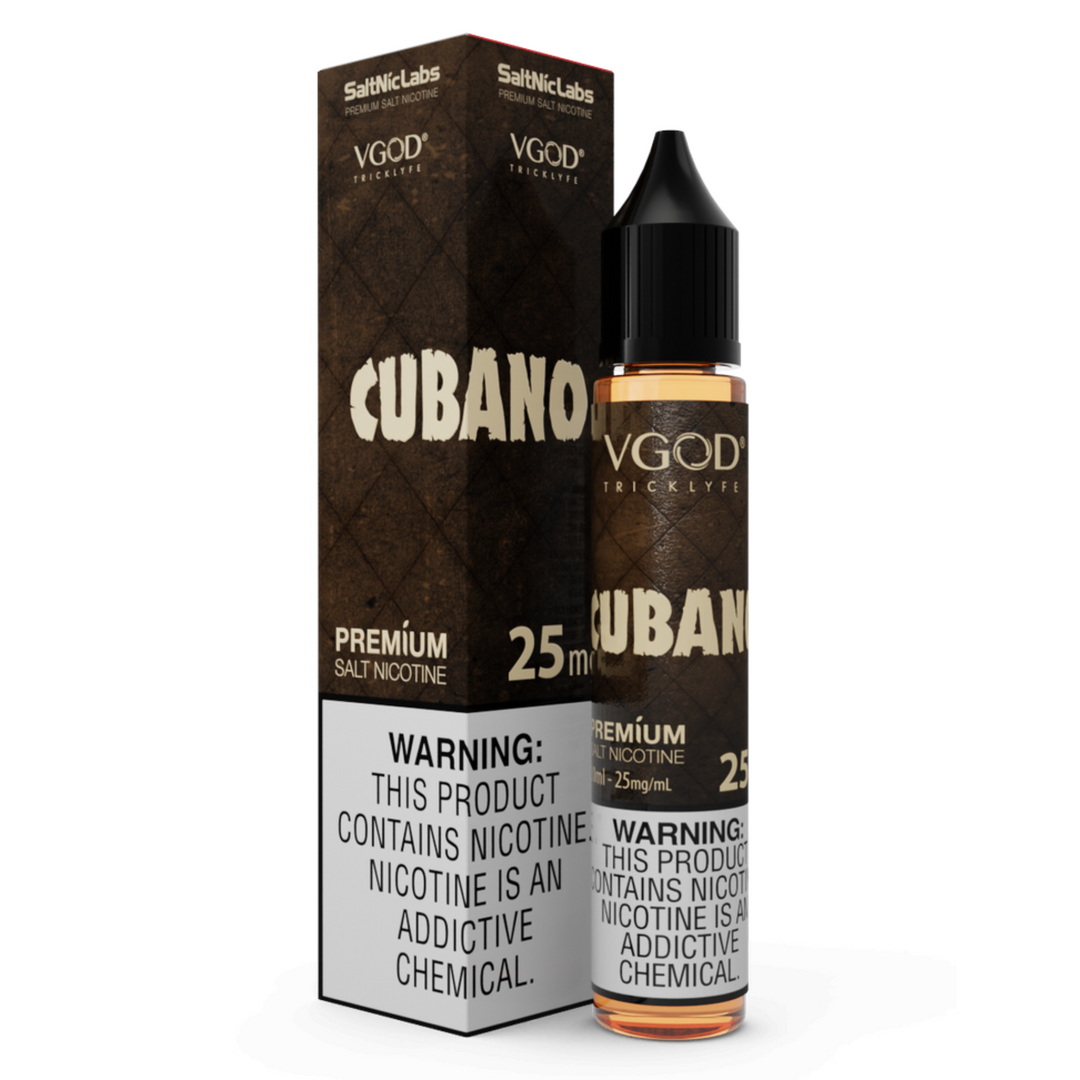 VGOD Cubano vape juice bottle and packaging on a white background
